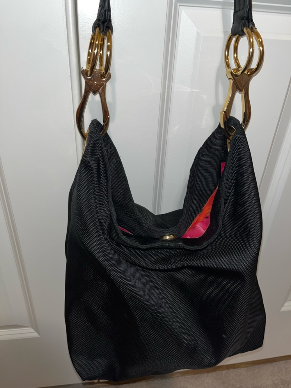 Black Shoulder Bag with Gold Rings and Floral liner